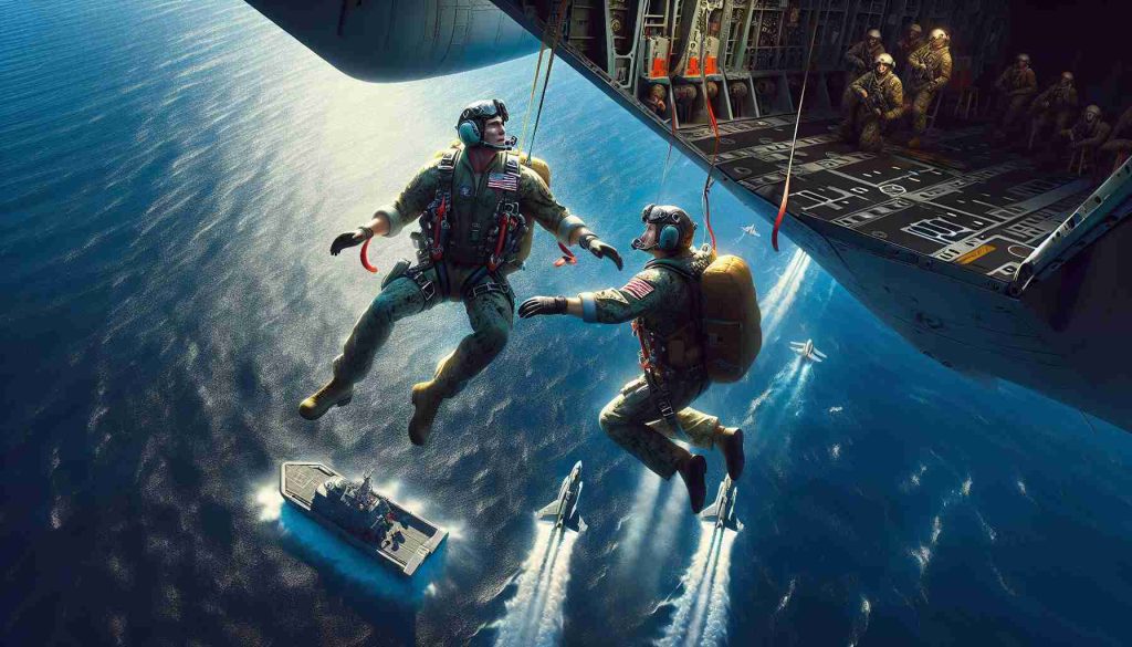 A high definition, realistic image depicting an intense scene in the Red Sea. There is a duo of U.S. Navy pilots performing an emergency ejection procedure from their aircraft. These pilots, one Caucasian male and one Asian female, are shown in mid-ejection, with their seats soaring upwards and the chutes starting to deploy. Their faces reflect an unexpected calmness amid the chaos. Underneath, the deep blue waters of the Red Sea glisten under the scorching daylight. Nearby, rescue crews are prepping their boats for the imminent rescue mission. Tamely close, a naval ship awaits the pilots' safe return.