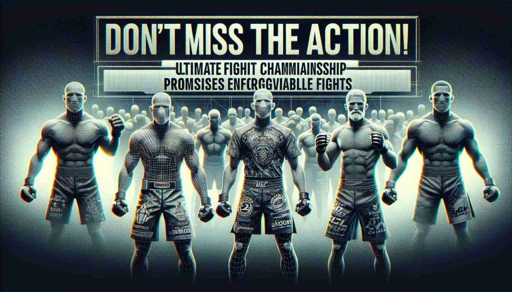 An image depicting a high-definition, realistic promotional scene for a generic grand mixed martial arts event. The graphic banner in the image reads, 'Don't Miss the Action! Ultimate Fight Championship Promises Unforgettable Fights.' The image also includes a visual teaser of two unidentified, anonymous fighters, showcasing their ripped physiques ready for an intense competition.