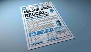 Render a realistic, high-resolution image of a major drug recall notice. The headline should read: 'Major Drug Recall: Are Your Antidepressants Safe? Act Now!'. Design the notice to be gripping and alarming, yet professional. It should convey a sense of urgency and concern for public health. Use a colour scheme that is typically associated with pharmaceutical products, perhaps white and blue. Also include graphical elements like medical symbols or images of pill bottles.