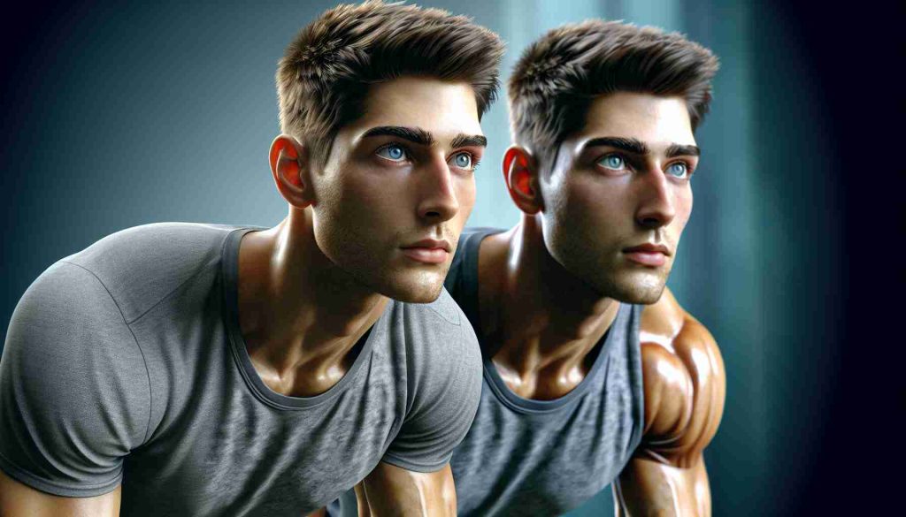 A high-definition, realistic image of a transformation story, where a young athletic man with short brown hair and blue eyes makes an impressive recovery. This person will be depicted in the midst of a vigorous exercise routine, showcasing his physical prowess and determination. His face reflects the perseverance and fortitude he possesses.