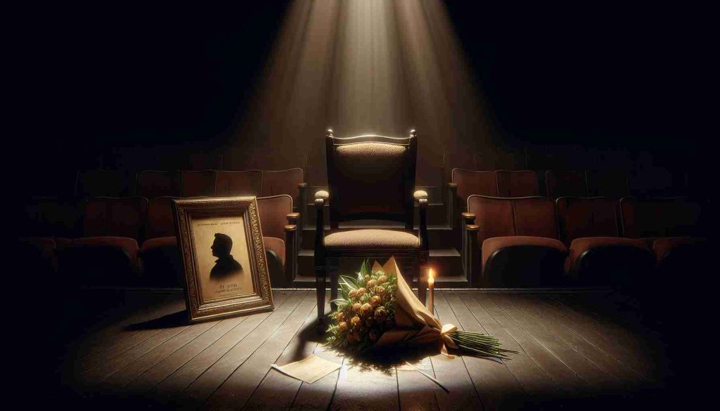 A highly detailed and realistic image capturing the essence of sorrow and loss. The scene features an empty, spotlit stage with a single overflowing bouquet of flowers resting on a solitary chair, symbolizing the departure of a beloved 72-year-old actor. A theatre program and a single lighted candle are placed quietly on the chair, the flicker reflecting off a framed, generic, non-specific actor's silhouette engraved in the background.