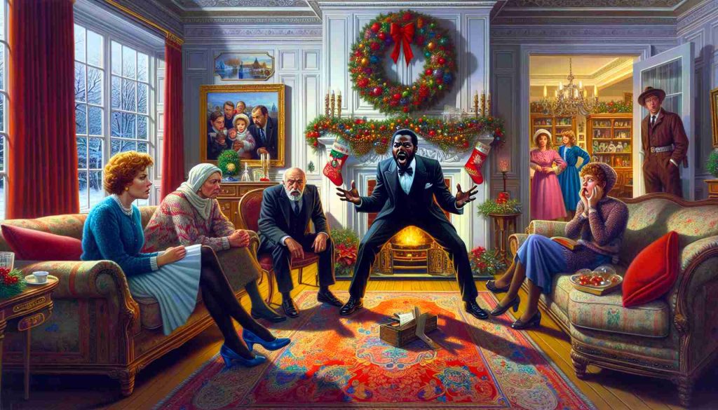 A picturesque scene unfolds that illustrates the Great Holiday Drama. There is a grand living room adorned with colourful Christmas decor. A Black man is vehemently revealing a long-held family secret. The rest of the family includes a Caucasian woman and a Middle-Eastern teenager. Their faces bear expressions of shock and intrigue. Close to the fireplace, there's an old family photo that seems to hold a clue. The room is poised in a paradoxical silence as confessions mingle with the soft holiday carols playing in the background, reflecting the amalgamation of emotions that holidays tie in.