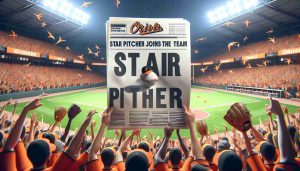 High-definition, realistic image of an exciting news headline for Oriole's baseball fans! The headline states 'Star Pitcher Joins the Team', signifying the addition of a skilled player to the roster. The background is a packed stadium with ecstatic fans wearing their team colors, holding up banners and cheering. This image emanates a thrilling atmosphere of a sports setting.