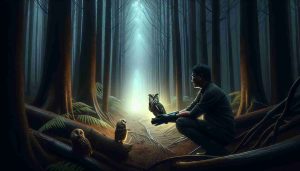 Create a realistic, high-definition image depicting a dramatic and inspiring scene of an Owl's journey to safety. The scene should capture the moment when an owl, after facing numerous dangers in the wild, is found by a caring, compassionate South Asian man who is a wildlife rescuer. The setting can be a dense, dark forest with tall trees looming overhead, giving an eerie and mysterious ambiance. The rescuer is cautiously approaching the owl with his safety gloves on, while the owl, though initially scared, looks at him with trust and hope gleaming in its eyes.