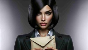 Realistic high-definition image of a mysterious and elegant woman known for her spy skills, intense brown eyes, and glossy black hair styled in a bob haircut. She is dressed in a stylish European suit and holds an intriguing envelope symbolizing classified information.