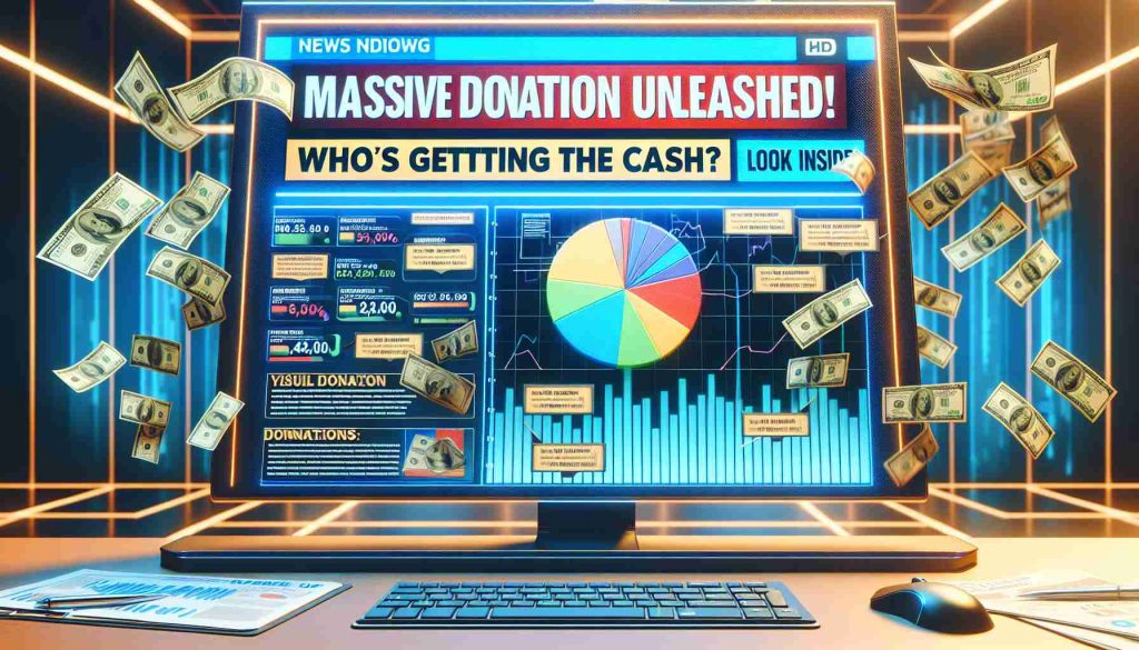 Generate a realistic HD image of a headline and infographic scenario featuring the text 'Massive Donations Unleashed! Who’s Getting the Cash? Look Inside!' Display a chart with multiple donation categories receiving various amounts of money. The background should be lively, perhaps representing a finance news environment.