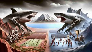 Generate a high-definition, realistic image that depicts a metaphorical scene for a sports competition. The scenario includes one team symbolized as sharks appearing strong and menacing, while the another team represented by a depiction of the state of Utah (such as red rock formations, ski slopes, or the Salt Lake) is on a winning streak, represented by symbols of success like trophies or ribbons. The overall tone of the image should express tension and anticipation.