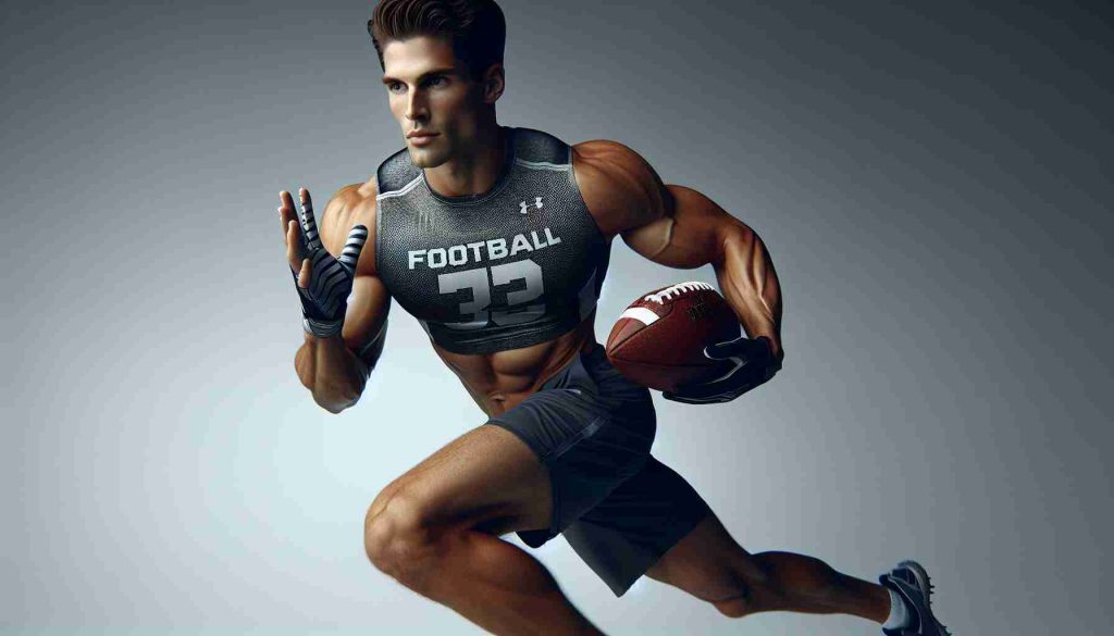 Create a high-definition realistic image of a fit, athletically-built young man in sportswear. He is known for his dual-threat ability on the football field, dominating college football. He is photographed mid-action, holding a football, ready to make his next big play. His features are generic, and should not hint at the likeness of any specific individual.