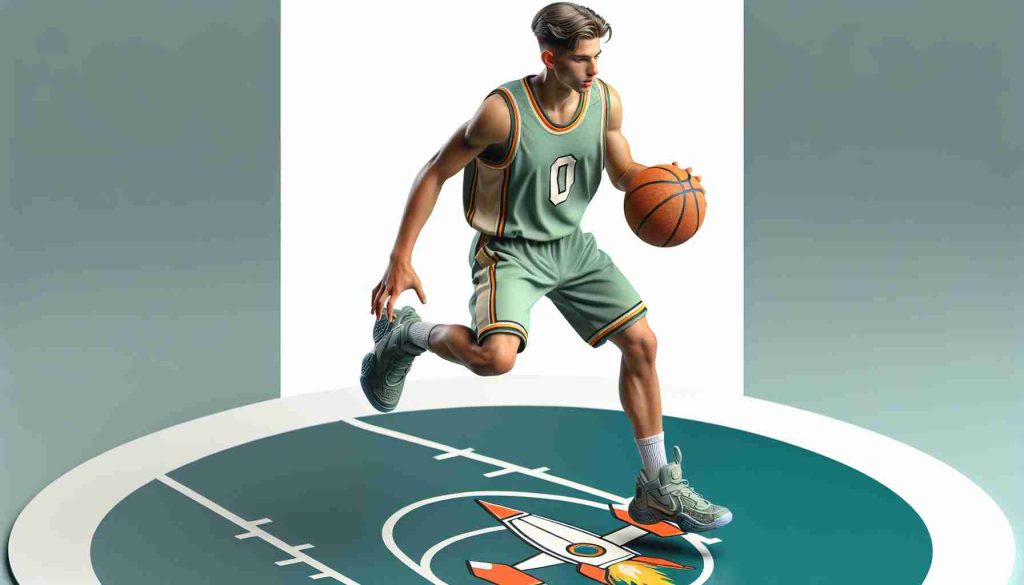 Generate a high-definition, realistic representation of a basketball player with a loose fitting light-green jersey, numbered 0. This young player is in action, preparing for a jump with a basketball in his hands. He's seemingly ready to score a basket that's going to lift the team symbol, a rocket, which is painted on the court surface, into new heights.