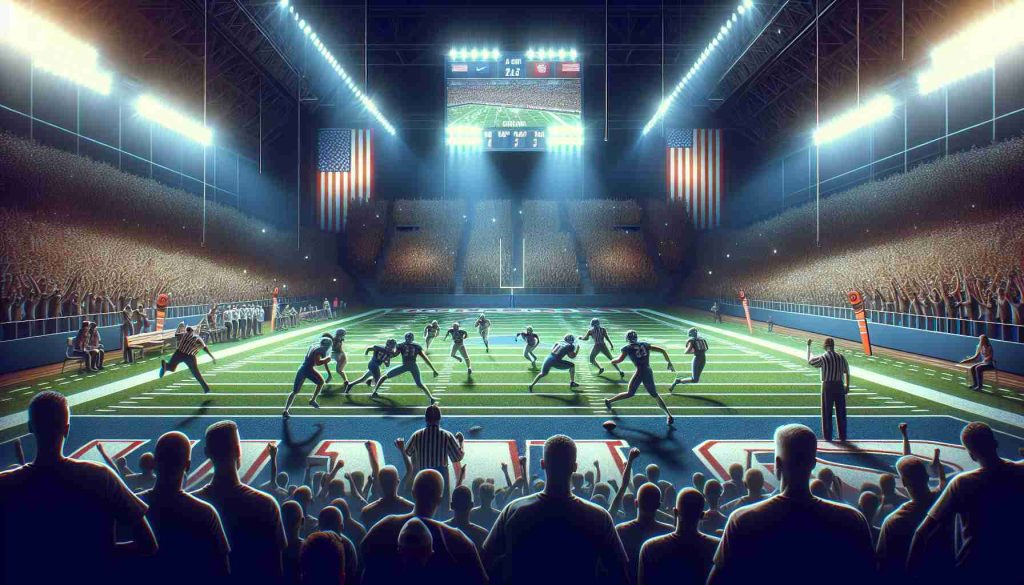 Generate an illustration depicting a high-stakes sports match, symbolizing an American team striving to break a long-standing championship losing streak. The scene is heated, with emotionally charged spectators cheering loudly in the background. The athletic arena is lit brightly, spotlighting the contenders on the field playing with grit and determination. Remember to add a visually conveying scoreboard highlighting the neck-to-neck scores to escalate the tension.