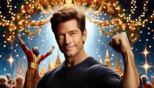 A high-definition image of a middle-aged caucasian male actor, with brown hair and blue eyes, which strongly resembles the physique of many mainstream Hollywood actors. He strikes a triumphant pose, suggesting a heartfelt comeback. The scene seems to be set during a holiday season with signs of celebrations, festive decorations, and a hint of magic in the air.