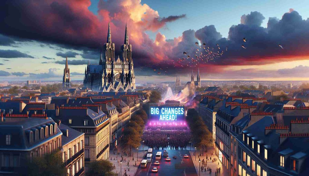 A CG-generated high-definition image showcasing a scene labeled 'Big Changes Ahead!'. As the primary focus, visualize the French city of Reims preparing for a big event symbolically indicating a looming showdown. The cityscape should emphasize famous landmarks like Reims Cathedral, with bustling crowds and a charged atmosphere, all under a dramatic sky filled with vibrant hues of twilight.