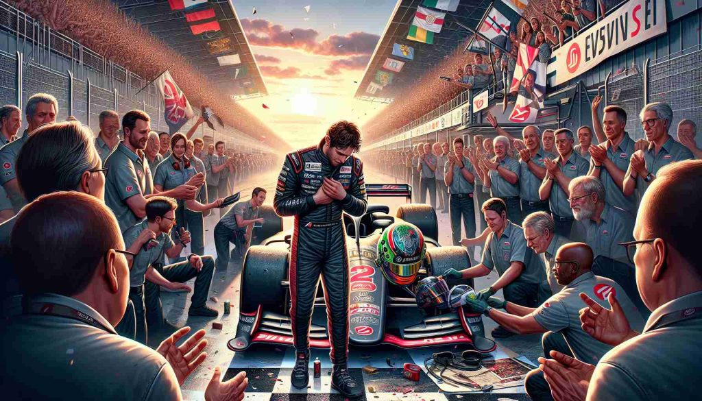 Detailed HD image of an emotional goodbye scene at a prestigious car company. An unspecific race car driver, ending his time with the company, is leaving his legacy behind. Everyone, including the pit crew and other personnel, are gathered around to bid farewell. The driver, donned in his racing attire, is removing his helmet, his eyes teary. A sense of admiration, respect, and melancholy fills the air. The company's logo is prominently visible on various elements in the setting such as the race car, pit-crew outfits, and banners. The environment is buzzing with heartwarming emotions and vivid colors of the sunset on the race track.