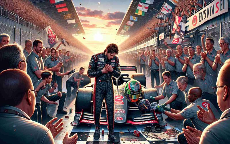 Detailed HD image of an emotional goodbye scene at a prestigious car company. An unspecific race car driver, ending his time with the company, is leaving his legacy behind. Everyone, including the pit crew and other personnel, are gathered around to bid farewell. The driver, donned in his racing attire, is removing his helmet, his eyes teary. A sense of admiration, respect, and melancholy fills the air. The company's logo is prominently visible on various elements in the setting such as the race car, pit-crew outfits, and banners. The environment is buzzing with heartwarming emotions and vivid colors of the sunset on the race track.