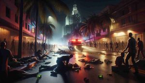 A hyperrealistic depiction of a tumultuous night scene in Miami. Showing darkened streets illuminated only by the harsh glare of emergency vehicle lights, a crowd gathered at some distance, and a sense of urgency and fear hanging in the air. One figure lying unmoving on the ground with another figure next to them, visibly wounded and in distress. Include elements that indicate this is Miami, like palm trees and Art Deco architecture, without explicit violence.