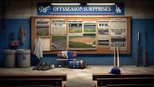 Highly detailed, realistic image of a baseball themed scenario, with the focus on the Dodgers baseball team's offseason surprises. Illustrate a deserted baseball field, waiting for the new season's play. Nearby, a large bulletin board showcases unexpected news stories and announcements about roster shifts, new recruitments, and tactical changes. The sports gear is left aside, implying a brief respite before commencing training. The overall atmosphere should evoke a sense of anticipation and excitement for the upcoming sports season.