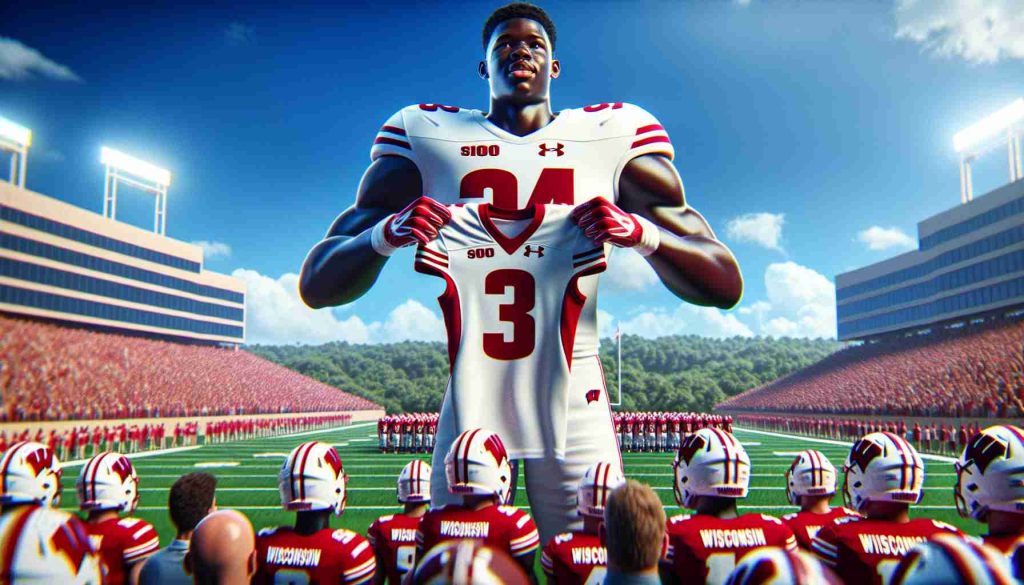 Generative depiction of an important moment for Wisconsin football! New talent joins the roster in vivid detail. Show the excitement of athletes, a diverse team standing tall on the field in high-definition. The scene should feel vibrant, energetic, with blue skies above and an astonishingly green field under their feet. The focus should be on an incoming athlete, a young man of black descent, proudly holding his new red and white team jersey.