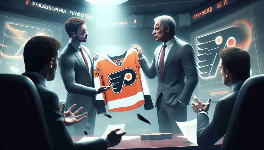 A high-definition realistic representation of a hypothetical situation where a hockey player is potentially the missing element of the Philadelphia Flyers. The atmosphere is tense due to heated trade discussions. Please keep identities of the individuals ambiguous.