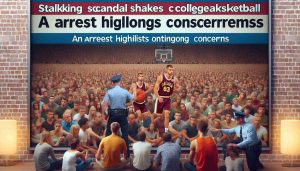 Generate a realistic high-definition image representing a scene of a college basketball scandal. Display a repeated pattern of tension and concern rippling through a large, diverse crowd of onlookers. Provide imagery of an arrest scene that involves police authorities and a Caucasian male basketball player. On another part of the image, show relevant text of the headline 'Stalking Scandal Shakes College Basketball! An Arrest Highlights Ongoing Concerns'. Ensure that the scene is tastefully done without creating negative stereotypes.