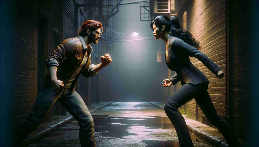 A high-definition, realistic image of an intense encounter between two generic individuals engaged in a dramatic stand-off. One individual is a tall, burly man with auburn hair and green eyes, wearing rugged jeans and a leather jacket. The other individual is a lean, athletic woman of East Asian descent, with long black hair and brown eyes, dressed in a stylish suit. The backdrop of this showdown is a dimly lit alleyway, slick with recent rain and bordered by looming brick walls.