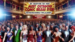 Realistic high-definition image of a fictional, over-the-top comic book release event. The setting is lavish, filled with glitz and glamour. The release banner boasts 'Get Ready for the Most Outrageous Comic Release Ever! Can You Handle the Laughs?' Attendees, both men and women from various descents like Caucasian, Hispanic, Black, Middle-Eastern, and South Asian, are filled with excitement, laughter and anticipation for the release.