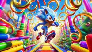 Generate a realistic HD image showing an anthropomorphic, fast-moving creature with distinctive blue fur and iconic red running shoes. Show this creature racing through a vibrant, chaotic landscape full of spring-loaded platforms and golden rings hovering in mid-air, suggesting exciting developments ahead!