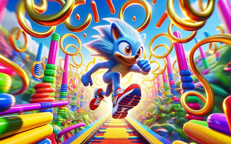 Generate a realistic HD image showing an anthropomorphic, fast-moving creature with distinctive blue fur and iconic red running shoes. Show this creature racing through a vibrant, chaotic landscape full of spring-loaded platforms and golden rings hovering in mid-air, suggesting exciting developments ahead!