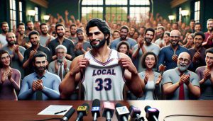 Create an HD, highly realistic scenario in which a local sports star chooses to play for their hometown team. The scene takes place in a busy press conference, where the sports figure, a fit Middle-Eastern male in his early thirties, proudly shows a jersey from the local team. The background shows a crowd of people, including reporters with microphones, cheering fans, and supportive teammates, all displaying expressions of surprise and joy. The emotion in the room is palpable, and there's a palpable sense of celebration.