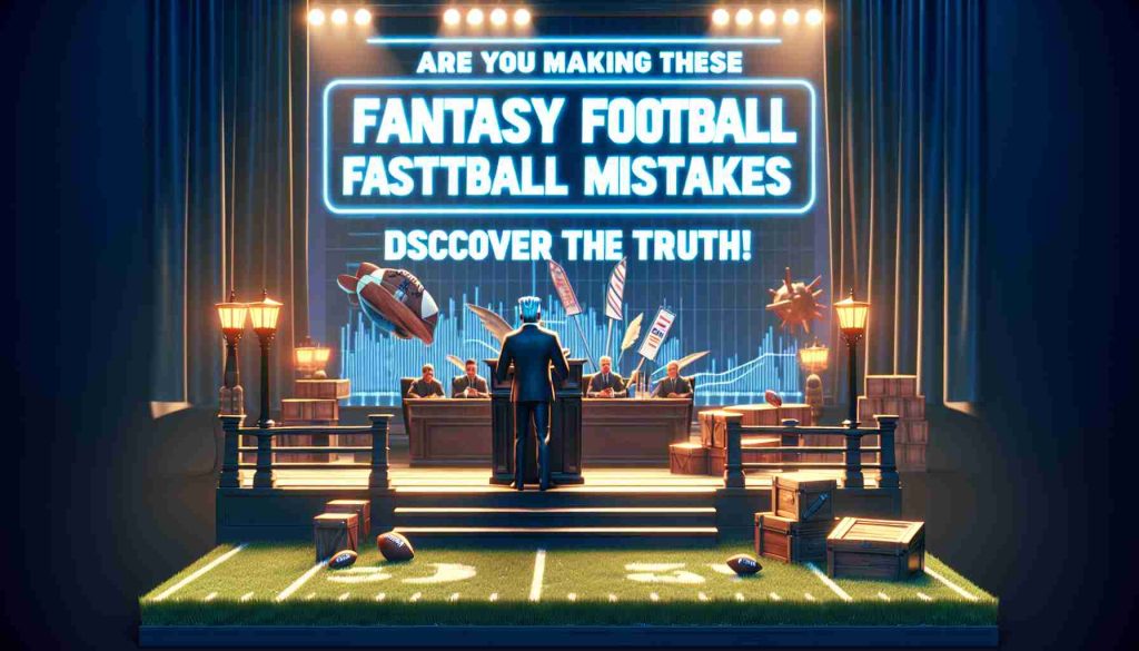 A high-definition, realistic image of a scene that represents common mistakes being made in Fantasy Football with the text overlay: 'Are You Making These Fantasy Football Mistakes? Discover the Truth!' The settings should indicate the context of a digital game being played with elements that imply incorrect strategies or choices made during the gameplay.