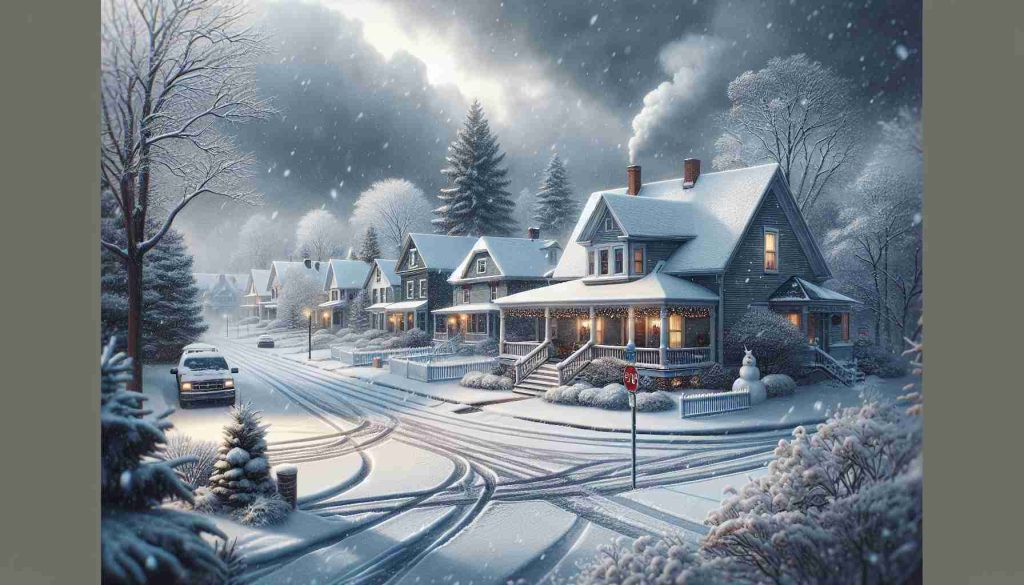 Realistically portrayed, high-definition image of a snowy scene in Northeast Ohio in anticipation of a wintry weekend. The setting involves a quaint town draped in a fresh layer of snow. Roofs and trees are powdered white, and snowflakes continue to gracefully descend from the gray, cloud-filled sky. House lights sparkle warmly, depicting readiness for the incoming cold, and the streets lie quiet, with tire tracks indicating recent human activity. Touches of life like a snowman in a front yard, and hints of smoke from a chimney, enhance the feeling of a cozy winter's weekend.