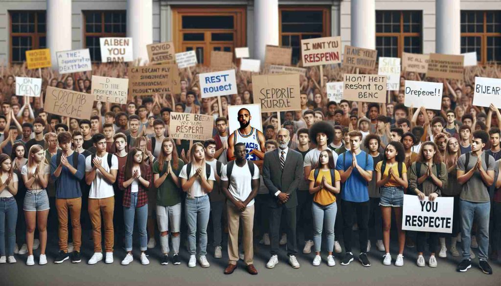 Realistic HD photo of students rallying for a significant public figure who is a retired professional basketball player. The scene shows a group of university students gathered around, waving banners in support, signs filled with motivational quotes, and expressing a respectful sentiment. To depict diversity among the students, include individuals of Caucasian, Black, South Asian, Hispanic, and Middle-Eastern descent equally, and a mix of both male and female students.