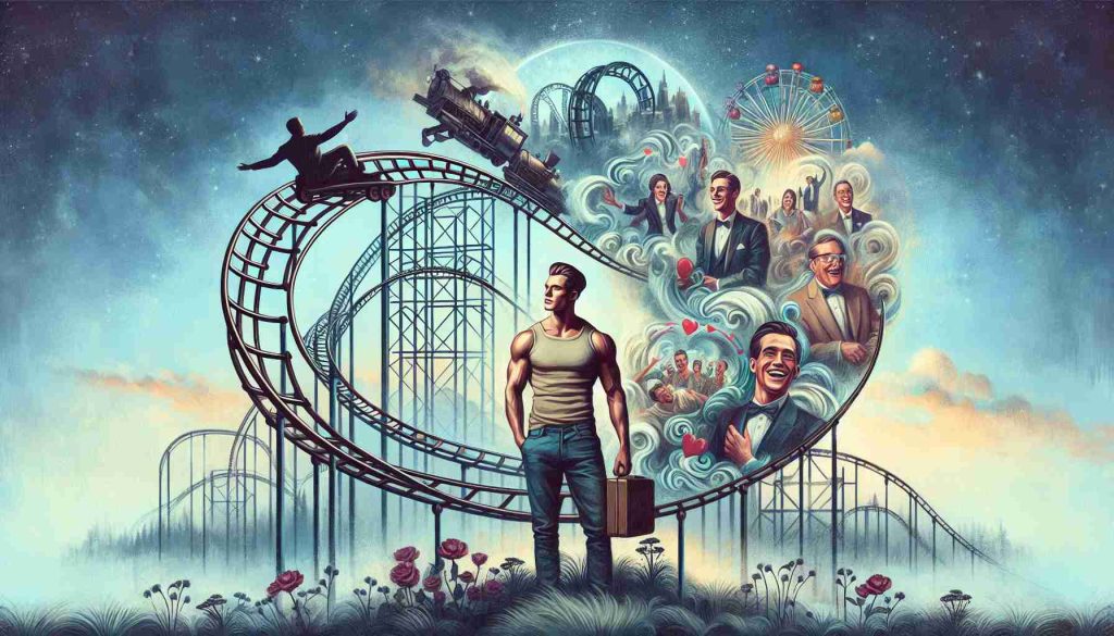 Realistic HD image depicting the concept of a charming muscular man's love life symbolized as a rollercoaster ride, showcasing scenes of romance and heartbreak. Further, the painting should interpret the highlights of this sentimental journey.