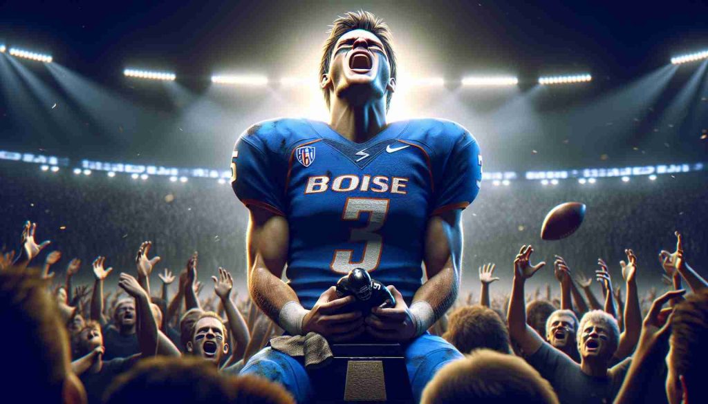 High definition realistic image of a significant moment in a college football game, where the star player from Boise has an emotional moment after narrowly missing out on the prestigious Heisman award. The setting is an adrenaline-charged football stadium, with the player in focus, exhibiting intense emotions amidst the dramatic backdrop of spectators in collective suspense.