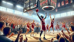 A realistic, high-definition illustration of a surprising victory in a generic college basketball tournament opener. Depict the atmosphere of euphoria and dominance in the stadium, with a jubilant basketball team from 'Wisconsin' celebrating their triumphant victory, while the spectators cheer wildly and waves banners in support. The team includes a mix of players, including a confident Black team captain, a Hispanic co-captain and a white player who has thrown the basketball high in the air in jubilation. Include the scoreboard in the background that reflects the outstanding score.