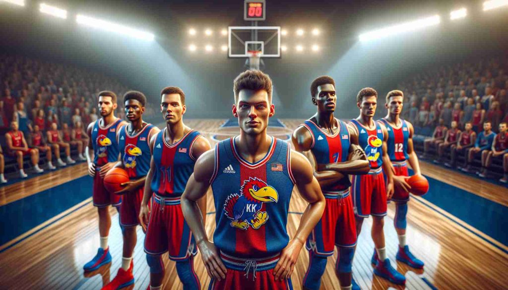 A highly detailed and realistic photo representing two teams of college basketball athletes gearing up for an imminent conference showdown. One team is characterized by vibrant red and blue uniforms with a bird emblem, representing a fictitious species known as the 'Jayhawks'. Their expressions reveal a focused determination for improvement and victory. The atmosphere is electric with the promise of a thrilling game and the anticipation of the crowd is palpable. The background is filled with bleachers, bright lights and a shining wooden court.