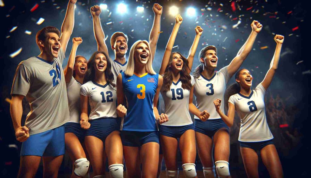 Realistic high definition picture of an excited volleyball team on the NCAA stage representing an university in a shocking upset. They stand triumphant, spirited and hopeful, ready to keep their winning streak alive.