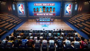 High-definition, realistic image of a basketball court decked out for a fictional, generic year draft ceremony. The oversized screen in the background announces 'A Treasure Trove of Talent! Discover the Stars!'. Almost tangible anticipation is in the air as various basketball players with an equally distributed representation of descent like Caucasian, Hispanic, Black, Middle-Eastern, South Asian, East Asian, are waiting for their names to be called, each showcasing determination and desire to excel on their faces. The scene captures the excitement of discovering new basketball talent.