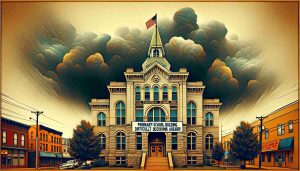 Generate a detailed high-resolution image; we're looking at the primary school building in West Virginia, the front facade visible to us. Skies are overcast, indicating a possible storm, metaphorically hinting at the second wave of impending closures. A banner hangs across the entrance saying 'Difficult Decisions Ahead!'. Keep in mind the architectural style of buildings typical in this region.