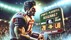 Realistic high definition image displaying a countdown to a sports playoffs beginning. A hypothetical scenario shows a charismatic football player, with a muscular build, who's aiming to lead his team, the 'Mountain Stallions', to victory. The scene is filled with energy and anticipation as the fans wait eagerly to see the outcome.