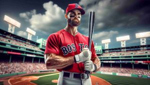 An HD image of a baseball player who plays outfield, similar to a player known for his power and agility in professional baseball. He is set against the backdrop of a popular American baseball stadium, possibly wearing a red and white uniform, typical of the Boston team.