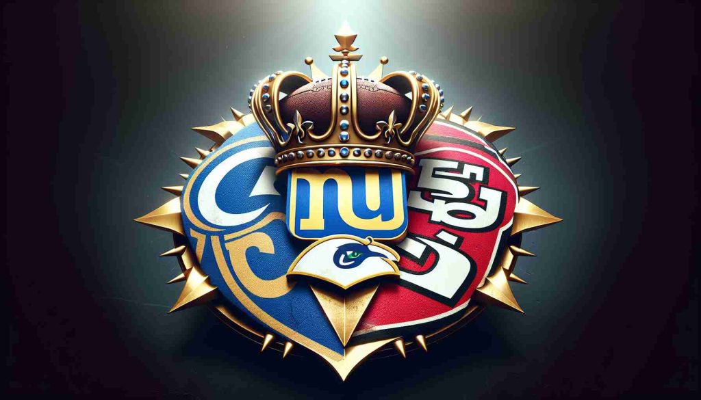 A realistic high-definition visual representation symbolizing the turnaround in the NFC West. Imaginary football team emblems emblemizing competition for supremacy, perhaps with a literal crown positioned centrally, emphasizing the struggle for dominance in the division. Avoid any direct references to real teams or logos.