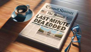 A realistic HD image of an urgent newspaper headline stating 'Last-Minute Deal Needed! Government Shutdown Could Happen Today!'. The paper is on a wooden table, morning sunlight gently illuminating it. It is accompanied by a cup of steaming hot coffee and blue-framed reading glasses.