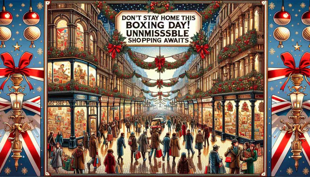 Detailed, high-definition illustration of a city street bustling with people, adorned with holiday decorations and shop windows filled with various items on sale. The atmosphere is festive and the text 'Don’t Stay Home This Boxing Day! Unmissable Shopping Awaits' is prominently displayed with a festive font.