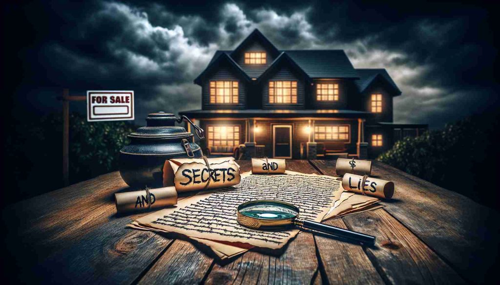 High-definition photo implying the concept of secrets and lies. In the foreground, a series of written letters with black ink, suggesting mystery, are sprawled out on a rustic oak table. A magnifying glass resting on top of the letters. In the background, a well-lighted house is visible, showing a 'For Sale' sign, indicating transition and uncertainty. Dark clouds loom over the house, symbolizing the eerie atmosphere associated with the secrets and lies.