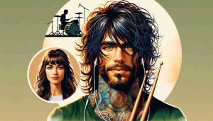 A high-definition, realistic illustration of a rock star, with the defining characteristics of being tall, tattooed, with dark, shaggy hair and a drummer's physique, exhibiting some surprising shower habits. Will a woman with brown hair and radiant green eyes, implied to be his partner, finally bring about a change in him?