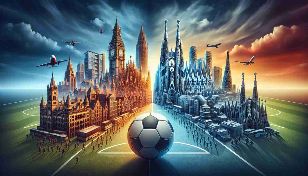 High-definition image of a conceptual soccer showdown. Two football teams represented by an emblematic skyline; on one side, Manchester with its iconic buildings like the Beetham Tower and Manchester Town Hall; on the other side, Barcelona with its famous monuments such as Sagrada Familia and Park Guell. The skylines face each other with a soccer ball in the middle, symbolizing an epic match.