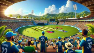 Create a realistic, high-definition image representing the anticipation of three One Day International cricket matches set to occur in St Kitts & Nevis. The scene should showcase a cricket stadium filled with eager spectators, and a profoundly keen ambiance. Please include the lush, tropical scenery of St Kitts & Nevis in the background with bright blue skies, capturing the perfect day for cricket. It should also feature team jerseys, cricket equipment, and the excitement of the crowd, perfectly embodying the thrilling showdown that awaits.