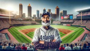 High-quality, realistic image of a huge event in Atlanta! A popular baseball team introduces their new outfielder, a middle-aged Middle-Eastern man, who is standing on the field in uniform, with the stadium, crowd and the cityscape in the background. Highlight the excitement and sportsmanship of the scene.