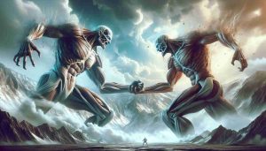 A high-definition realistic image of an epic showdown between two titanic figures, set against a dramatic backdrop. These titans are depicted as massively tall humanoid figures possessing incredible strength and power, locked in a fierce battle. Their muscles ripple under their skin as they square off. The landscape around them is blasted and torn asunder by the ferocity of their contest. Clouds swirl above their heads, reflecting the tension on the ground. The scene is full of tension and suspense, as though the very air is holding its breath, waiting for the titans' next move.