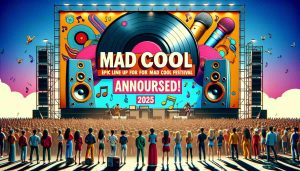 Create a realistic high-definition image portraying music lovers eagerly anticipating an exciting event. The scene includes a large, colorful billboard that boldly announces 'Epic Lineup for Mad Cool Festival 2025 Announced!'. Below the sign, visual representations of music, such as records, microphones, and music notes, should give the sense of a thrilling musical festival on the horizon.